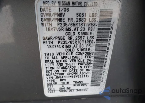 2006 Nissan Murano Sl z USA, uszkodzony, nr VIN JN8AZ08W46W522112